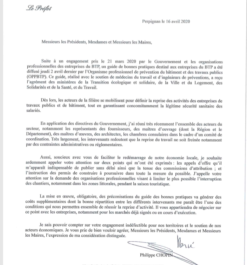 Communiqué du Préfet des Pyrénées Orientales aux Maires et au secteur BTP